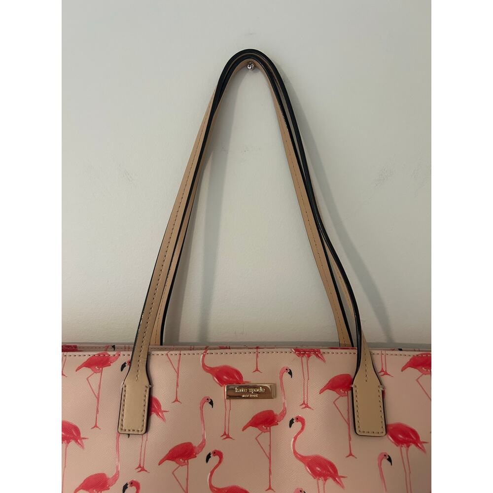 Kate Spade New York Flamingo Bird Print Red Pink Tote Shoulder Bag GUC Large - Picture 4 of 14
